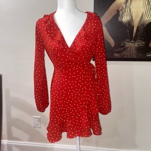 Red long sleeve polkadot wrap dress